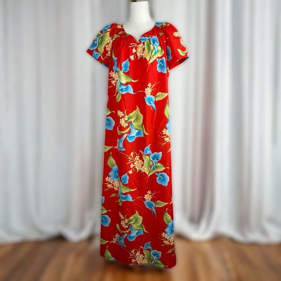 Hilo Hattie Floral Maxi Dress Size L Beachy Boho Floral Hawaiian Wedding Red - Picture 1 of 16